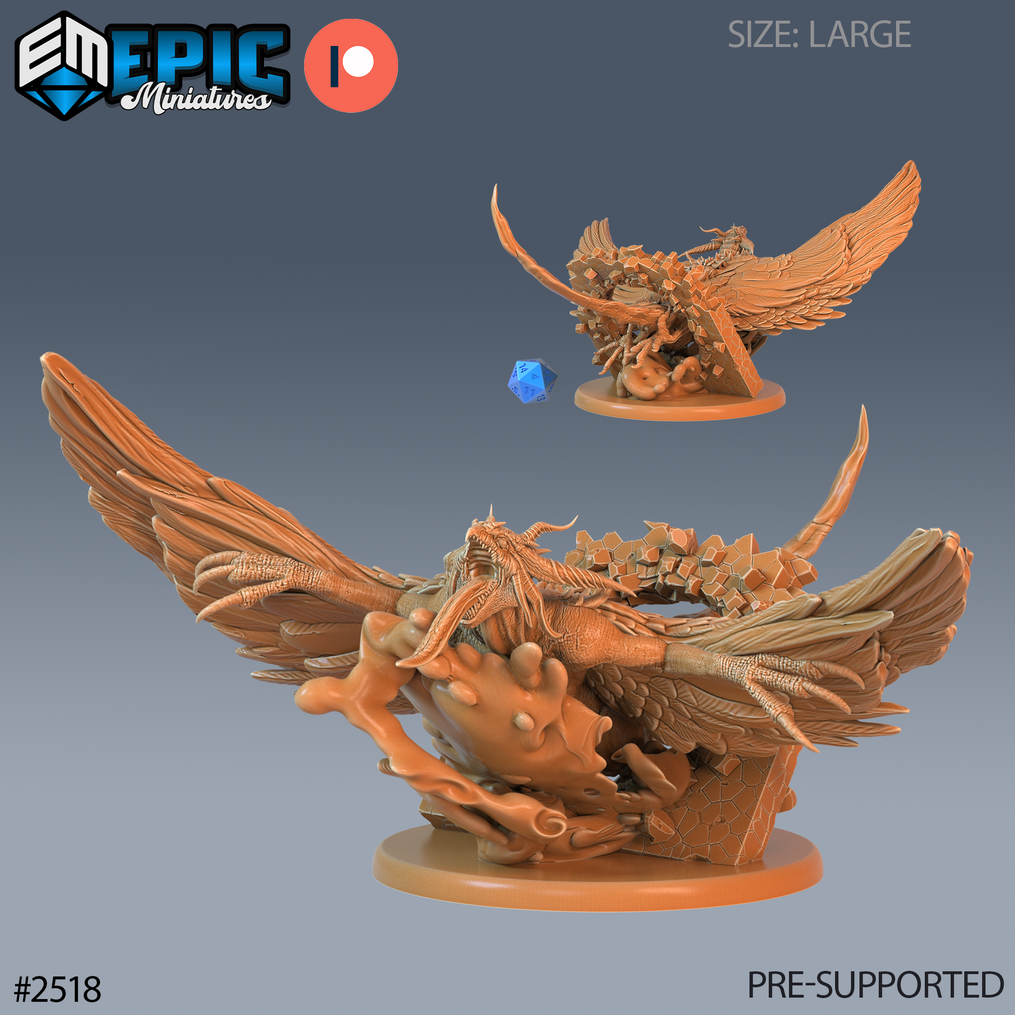 Ferocious winged harpy beast swooping low, wings spread wide, talons gripping a rounded form beneath its scaled body, serpentine tail curving behind. Cracked-earth scenic base. Sculpt by Epic Miniatures.