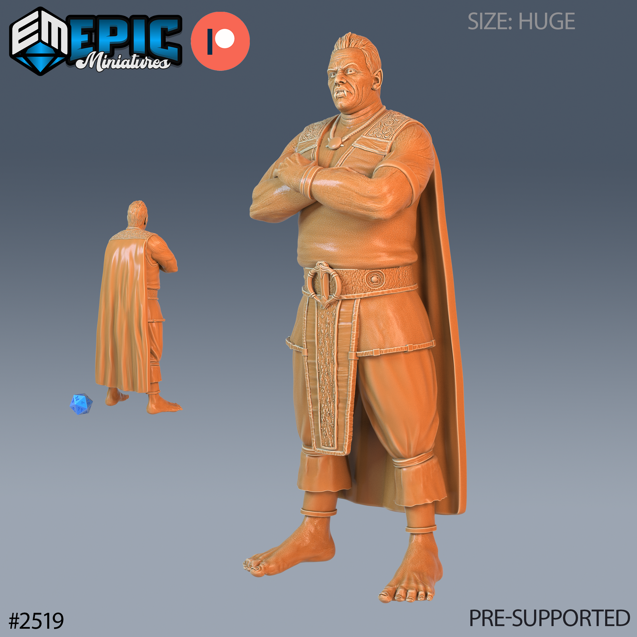 Massive, broad-shouldered giant standing with arms folded across his chest, wearing ornate shoulder armour and a long cape, bare arms and bare feet, contemptuous expression. Sculpt by Epic Miniatures.
