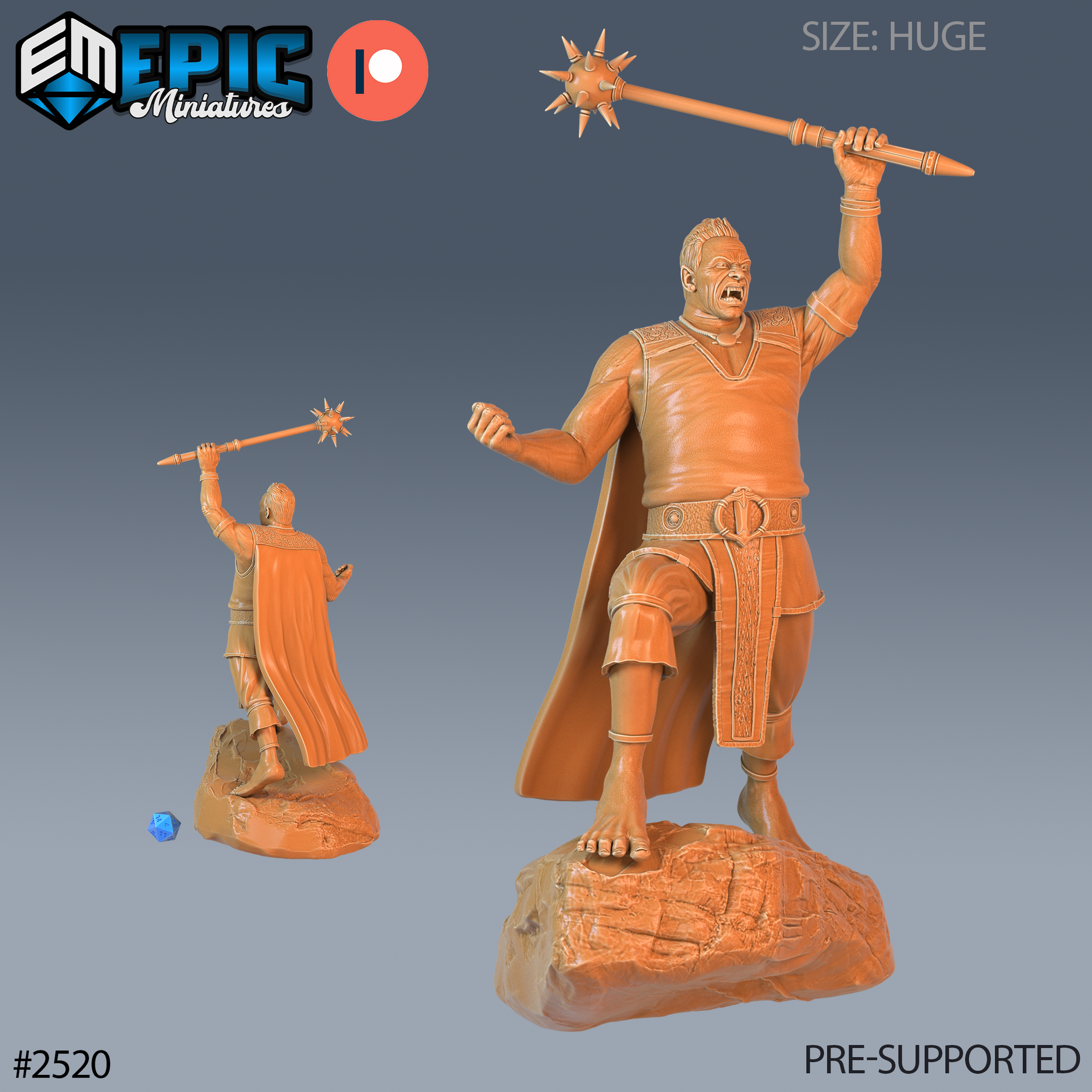 Huge cloud giant sculpt mid-roar, raising a long spiked morningstar overhead with one arm extended outward. Wearing a belted tunic, short trousers, greaves, and a sweeping cape. Standing on a rocky scenic base. Sculpt by Epic Miniatures.