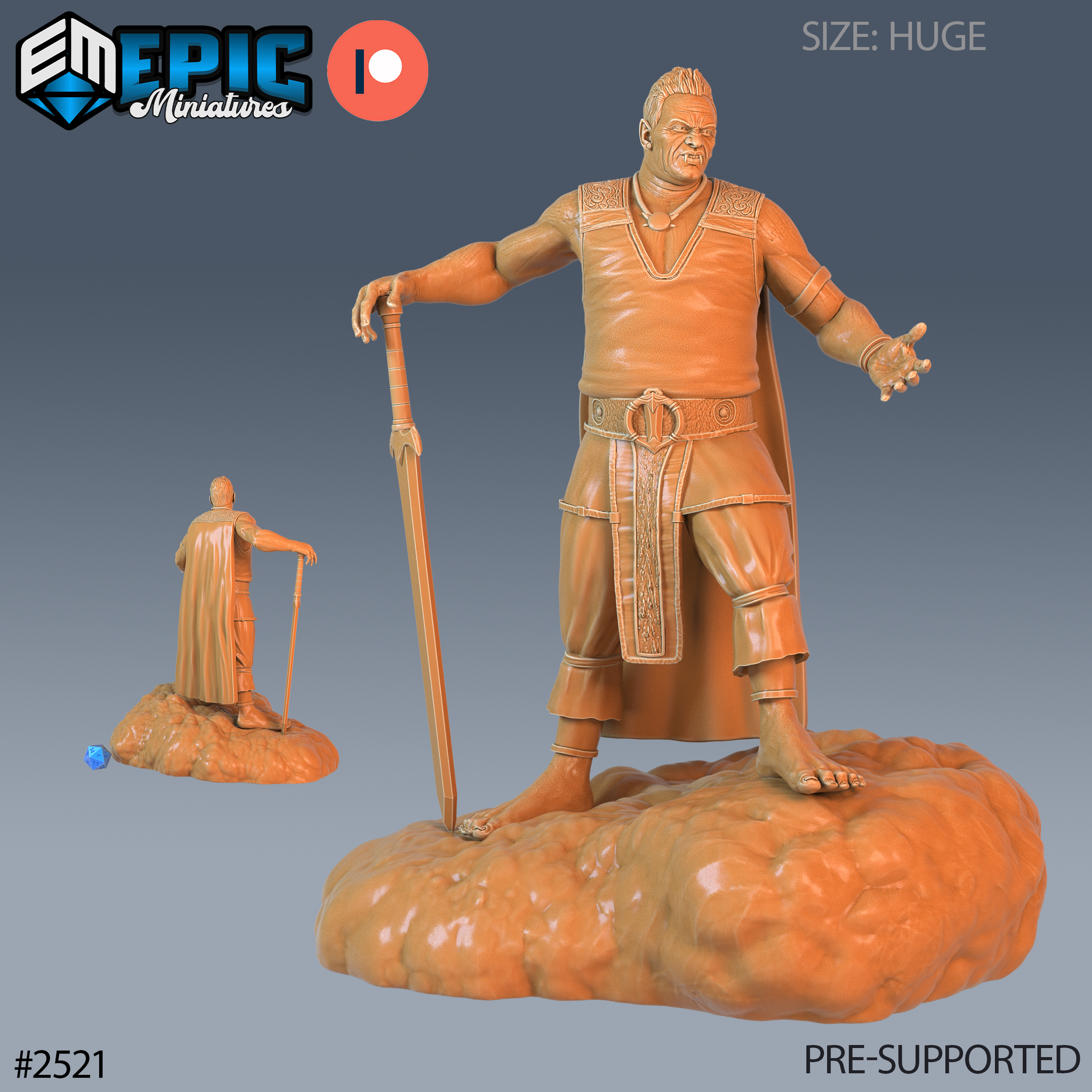 Imposing bare-footed cloud giant miniature leaning on a tall sword, one hand extended open, wearing engraved shoulder armour and belted kilt, standing on a rocky outcrop base. By Epic Miniatures.