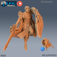 Winged half-angel paladin in full celestial plate armour, one large feathered wing raised high, holding a long slender sword angled low, cape billowing behind. Sculpt by Epic Miniatures.