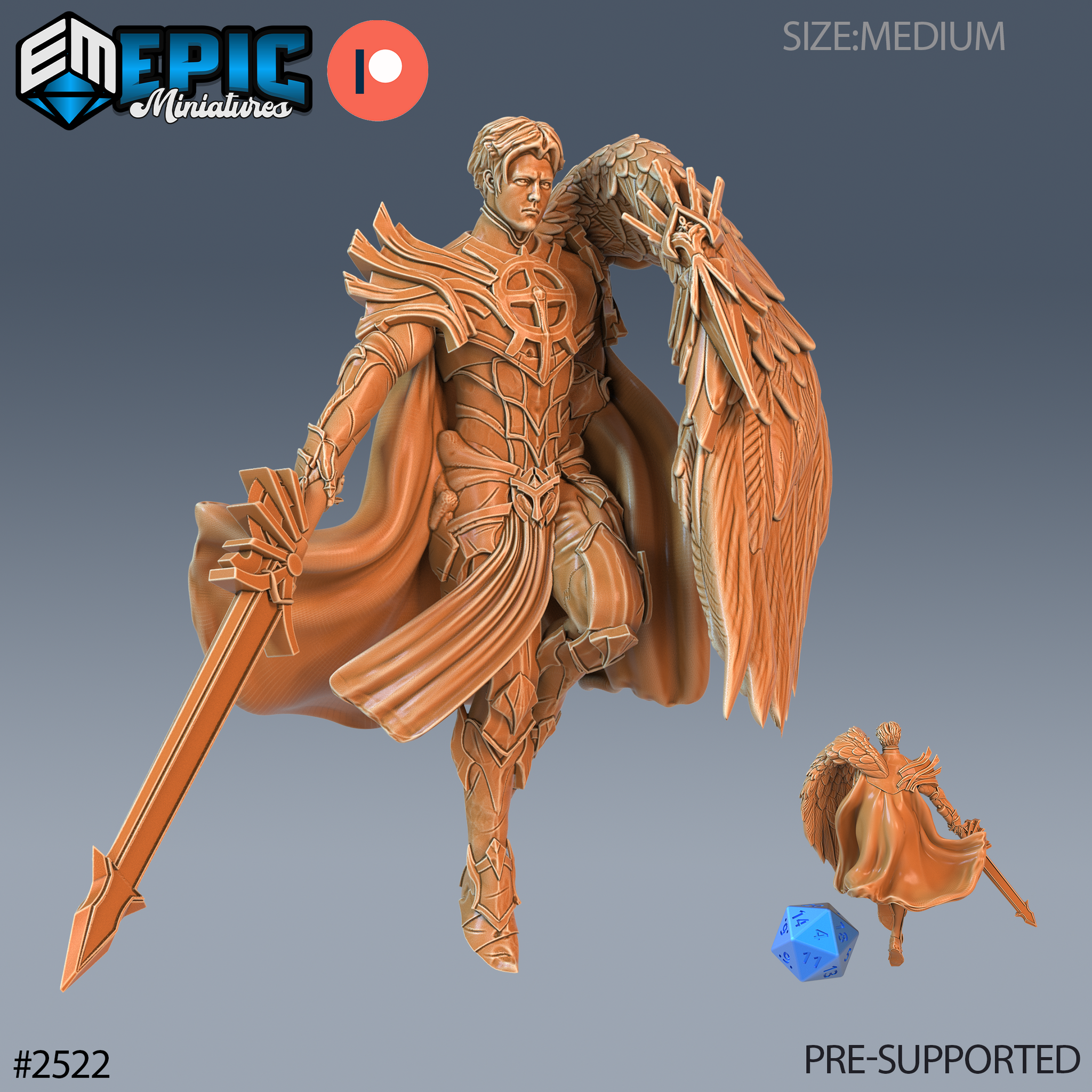 Winged half-angel paladin in full celestial plate armour, one large feathered wing raised high, holding a long slender sword angled low, cape billowing behind. Sculpt by Epic Miniatures.
