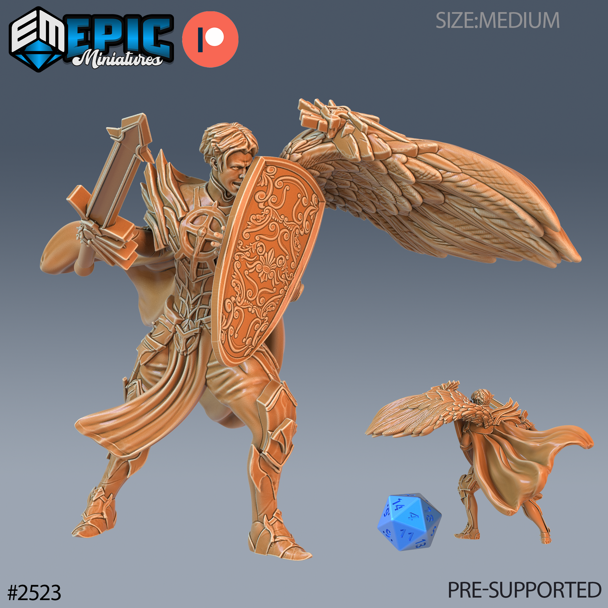 Winged half-angel paladin surging forward, sword raised overhead and ornate scroll-worked shield braced forward, wearing sculpted plate armour with wing-quill motifs and flowing fabric, large feathered wings spread wide behind. Sculpt by Epic Miniatures.