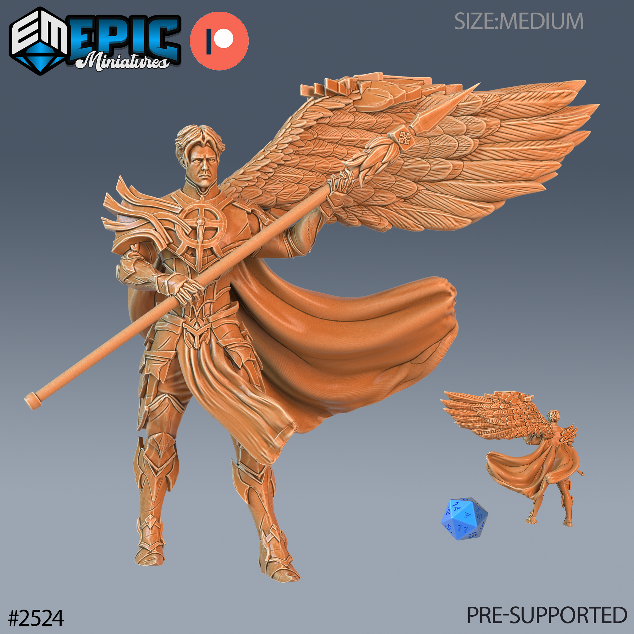 Winged male paladin holding a long spear in both hands, wearing ornate celestial plate armour with a sunburst chest emblem and sweeping cloak. Large feathered wings spread wide behind him. Sculpt by Epic Miniatures.