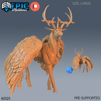 Large winged deer miniature by Epic Miniatures — broad-antlered stag with wide feathered wings spread at its sides, shaggy neck fur, muscular haunches, and taloned hooves. A size comparison shows a standard mini beside it.