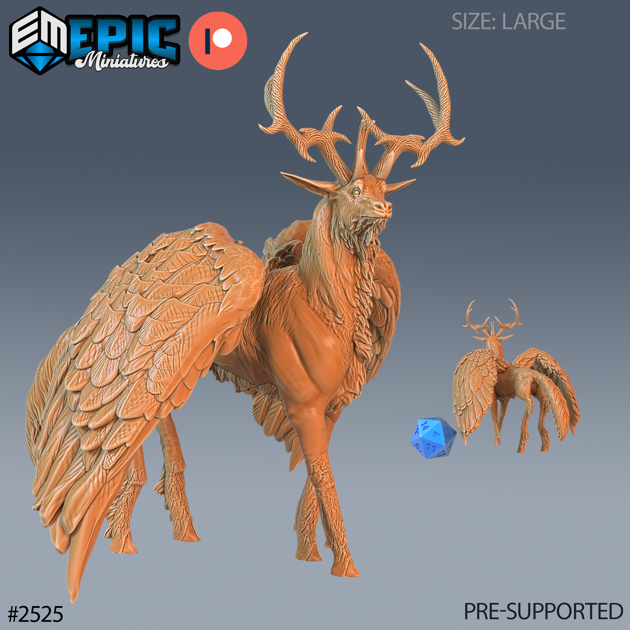 Large winged deer miniature by Epic Miniatures — broad-antlered stag with wide feathered wings spread at its sides, shaggy neck fur, muscular haunches, and taloned hooves. A size comparison shows a standard mini beside it.