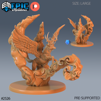 Winged deer rising from sculpted swirling cloud forms, broad feathered wings arcing overhead, branching antlers atop a serene deer face, magical energy tendrils curling around the base. Sculpt by Epic Miniatures.