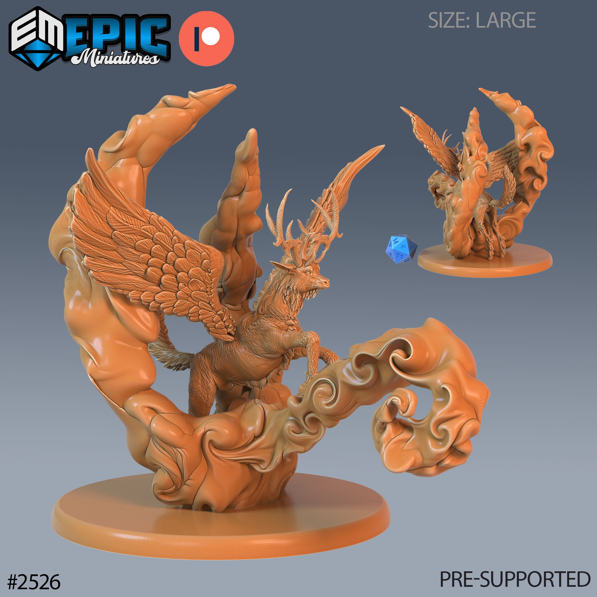 Winged deer rising from sculpted swirling cloud forms, broad feathered wings arcing overhead, branching antlers atop a serene deer face, magical energy tendrils curling around the base. Sculpt by Epic Miniatures.