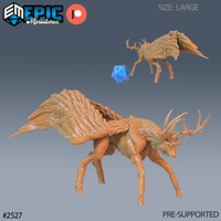 Winged stag miniature lunging forward with head lowered and antlers thrust ahead, large feathered wings spread across its back. Detailed fur on legs and layered quill feathers on wings. Sculpt by Epic Miniatures.