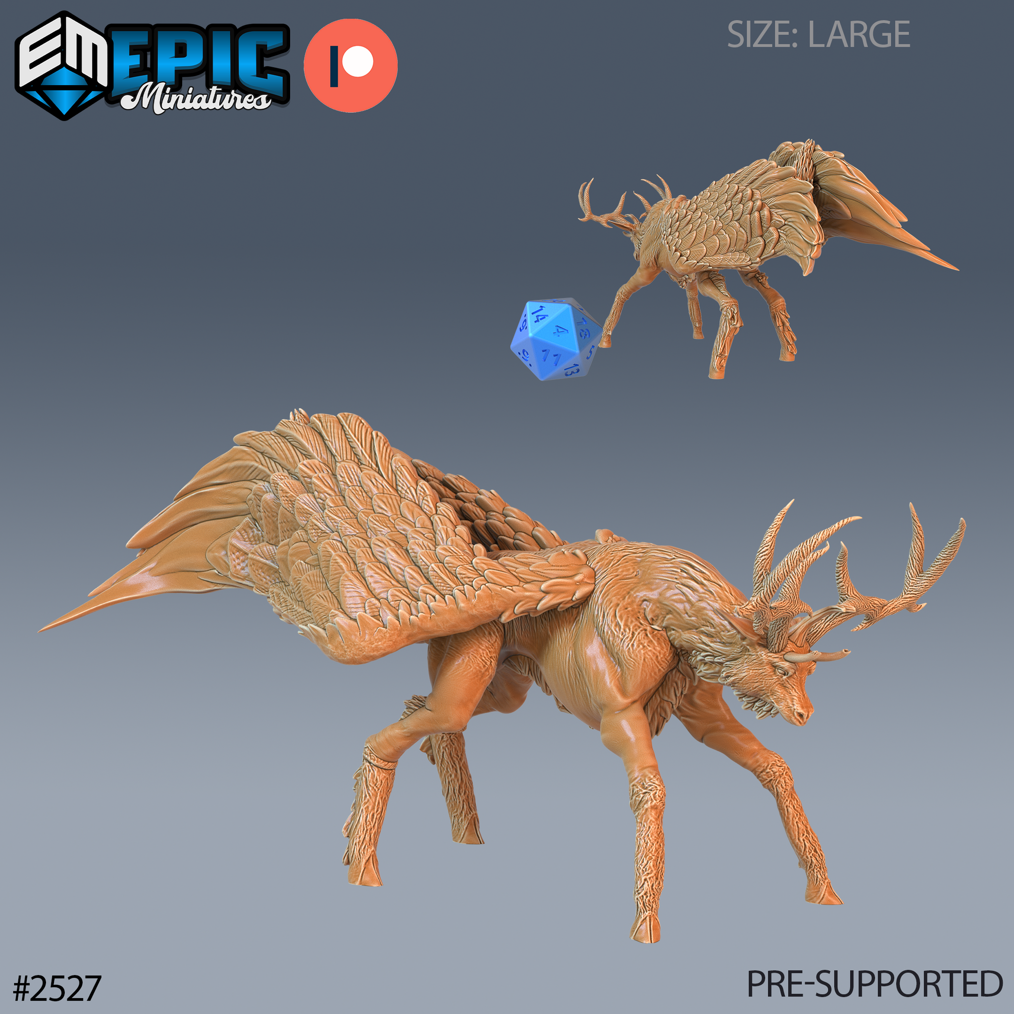 Winged stag miniature lunging forward with head lowered and antlers thrust ahead, large feathered wings spread across its back. Detailed fur on legs and layered quill feathers on wings. Sculpt by Epic Miniatures.
