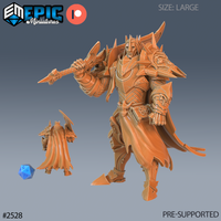 Towering armoured warrior thrusting a broad war axe forward, wearing angular spiked plate with a flowing cloak, crown-like helm, skull-embossed belt and pauldrons. Sculpt by Epic Miniatures.