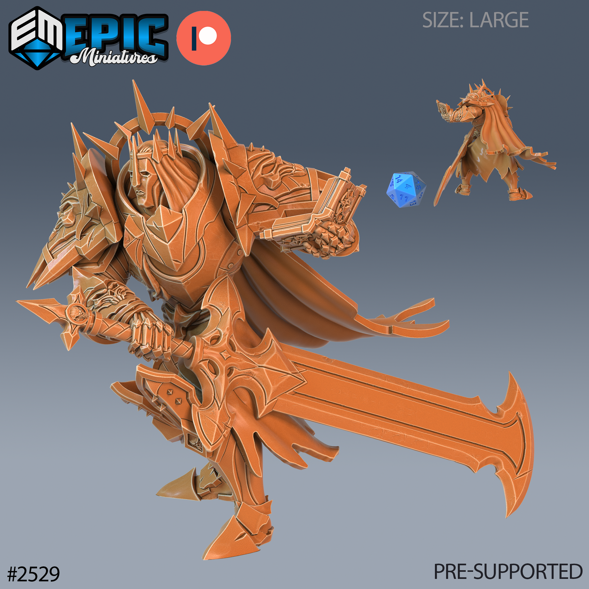 Large armoured celestial warrior in spiked angular plate, lowering a massive runic greatsword, one hand raised holding a tome. Sculpt by Epic Miniatures.