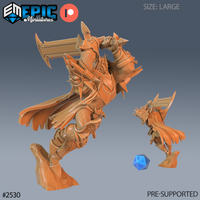 Armoured celestial warrior leaping mid-strike, raising an enormous serrated greatsword overhead. Spiked plate armour with a sweeping cape, on a rocky scenic base. By Epic Miniatures.
