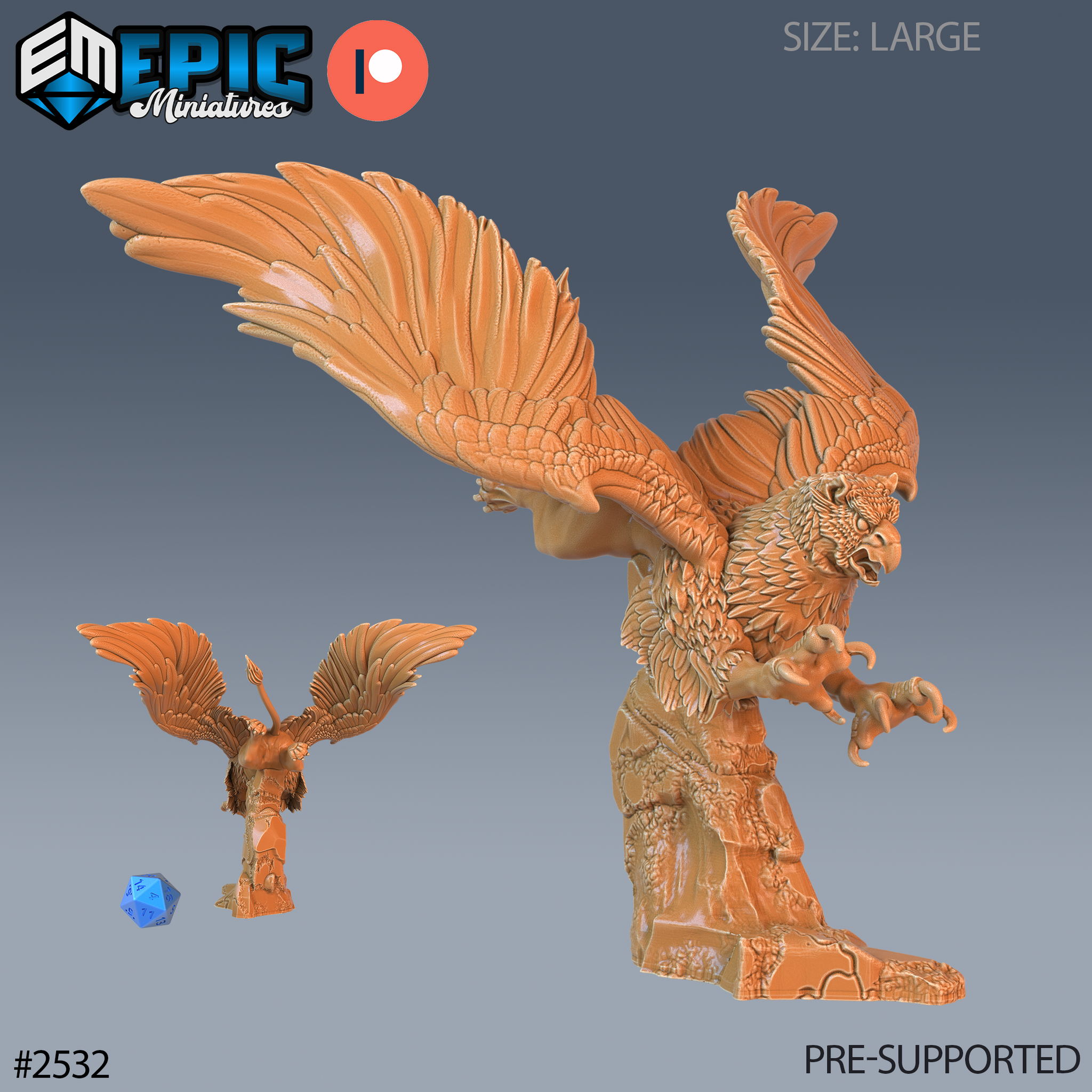A large griffin miniature lunging forward with wings spread wide and claws outstretched, beak open. Detailed feather texture across wings and chest. Rocky scenic base. By Epic Miniatures.