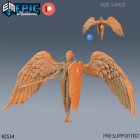 Armoured winged angel miniature standing with wings spread wide, holding a kite shield and longsword, wearing scale armour and a visored helmet. Sculpt by Epic Miniatures.