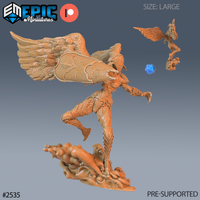 Winged angelic armoured construct lunging forward, cracked shield raised, one leg lifted mid-stride, atop a swirling decorative base. A small sculpted bird hovers nearby. By Epic Miniatures.