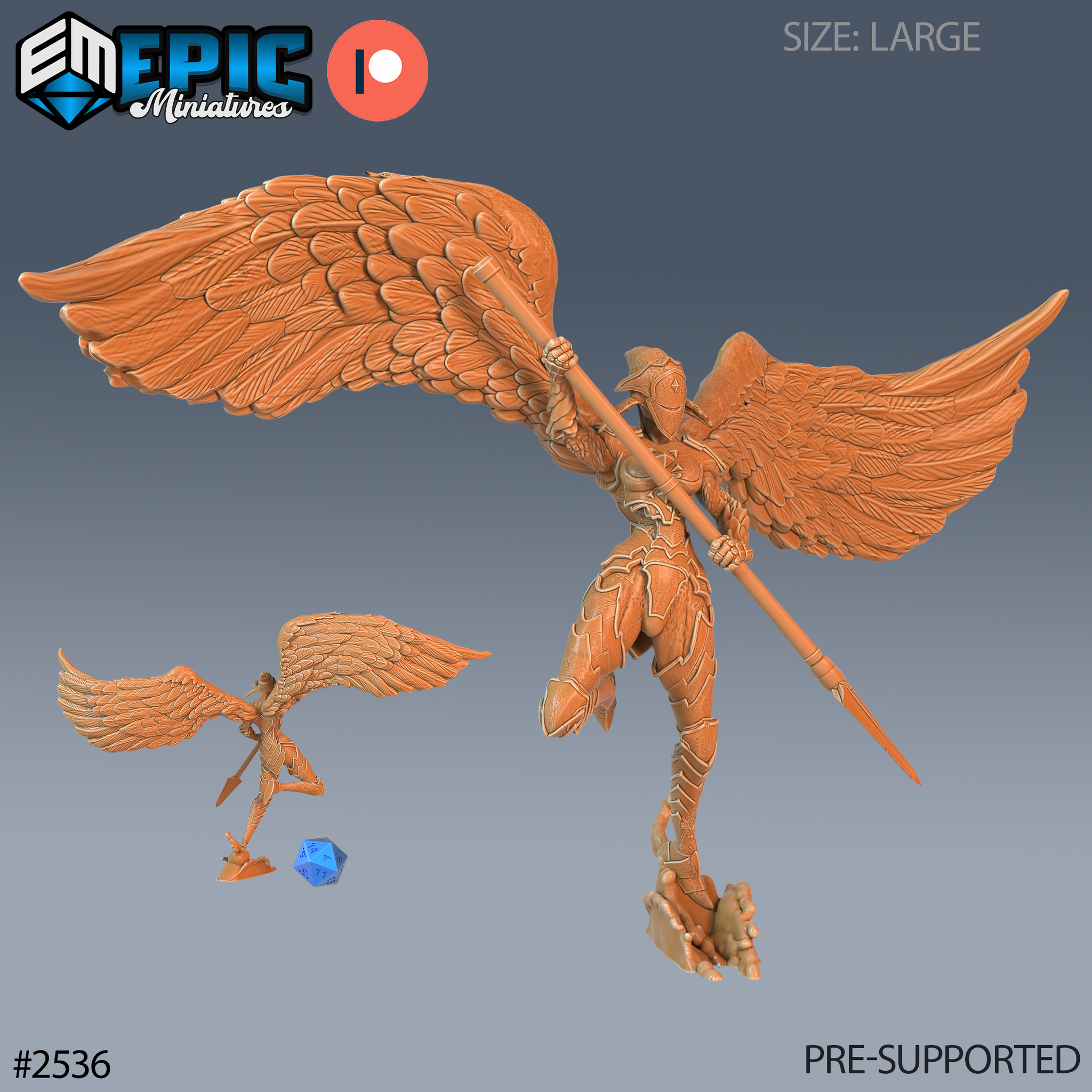 Large winged armoured angel figure lunging forward with a long spear gripped in both hands, wings fully spread with detailed feathers, one taloned foot raised. Sculpt by Epic Miniatures.