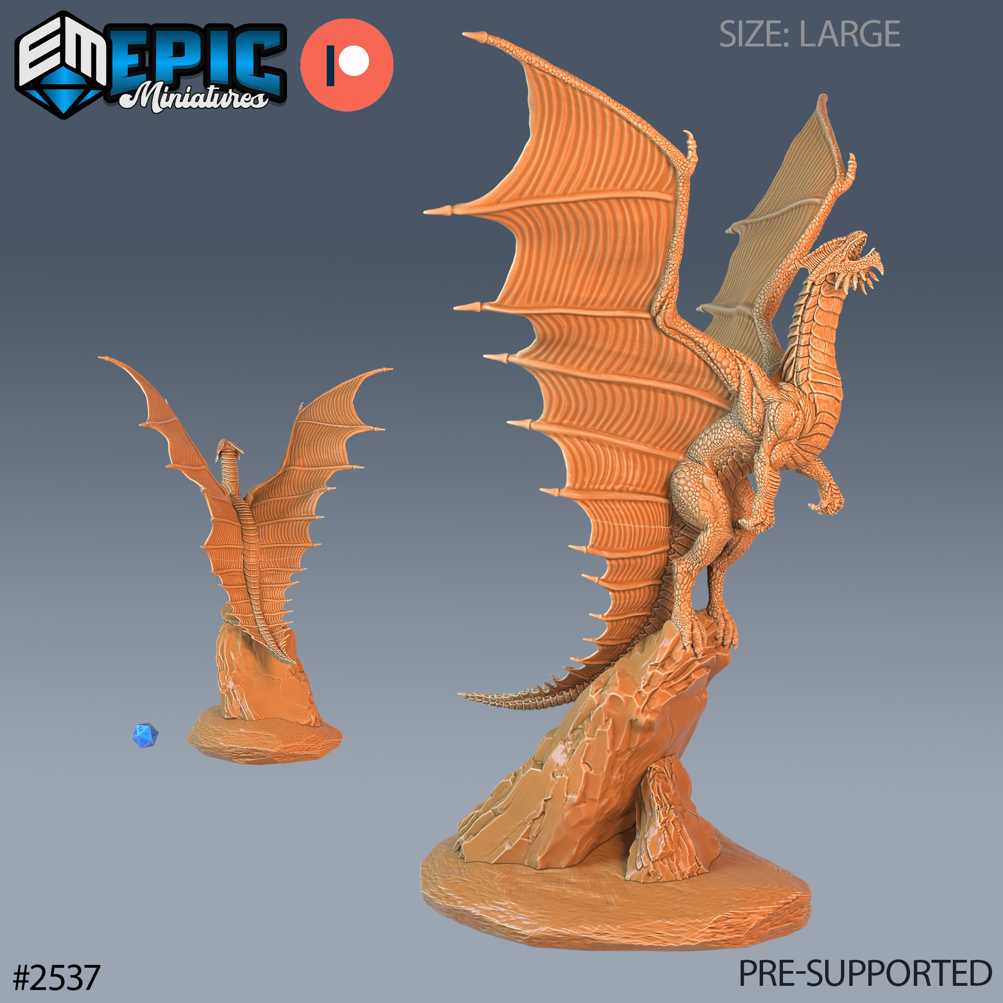 Young copper dragon rearing upright on a jagged rocky crag, wings spread wide with detailed ribbed membranes, serpentine neck raised, clawed feet gripping the stone. Sculpt by Epic Miniatures.