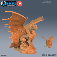 Huge-scale Adult Copper Dragon miniature by Epic Miniatures, rearing upright on a sculpted rocky base, wings spread wide, jaws open, sinuous body covered in overlapping scales. A size-comparison render of the smaller assembled model appears beside it.