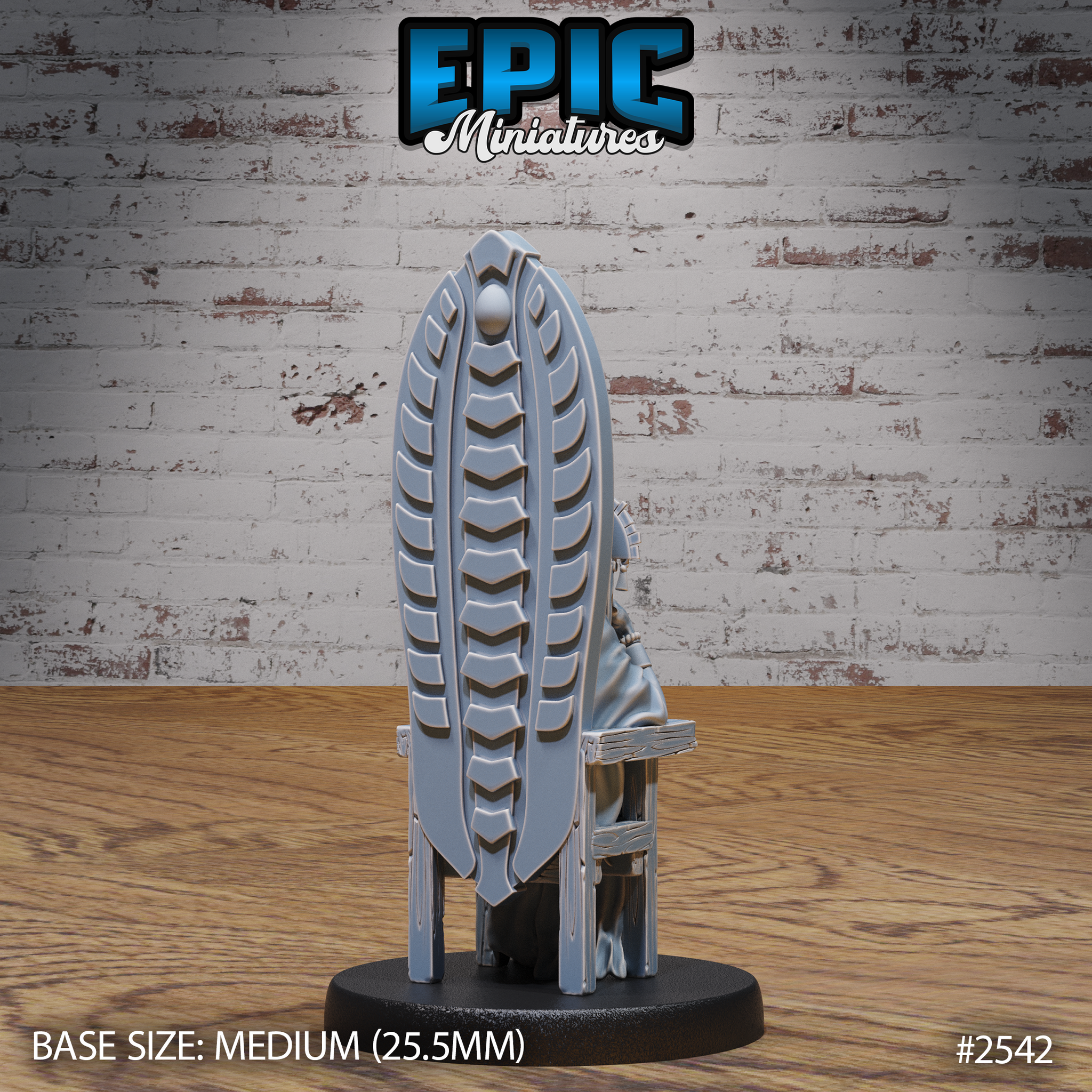 Tall ceremonial throne seen from behind, showing densely segmented oval backrest carved in overlapping scale-like panels rising to a round finial, with robed figure visible at the sides. Sculpt by Epic Miniatures.