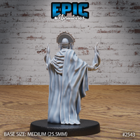 Shaman chief seen from behind, arms raised with conjured flames at each hand, broad feathered headdress visible, heavy ceremonial robes falling in deep naturalistic folds to the base. Sculpt by Epic Miniatures.