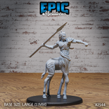 Giraffe centaur warrior leaning into a spear throw, one arm punching forward, the other gripping a long spear raised behind. Studded patterned hide on the equine body, shoulder armour and bandolier on the torso. Sculpt by Epic Miniatures.