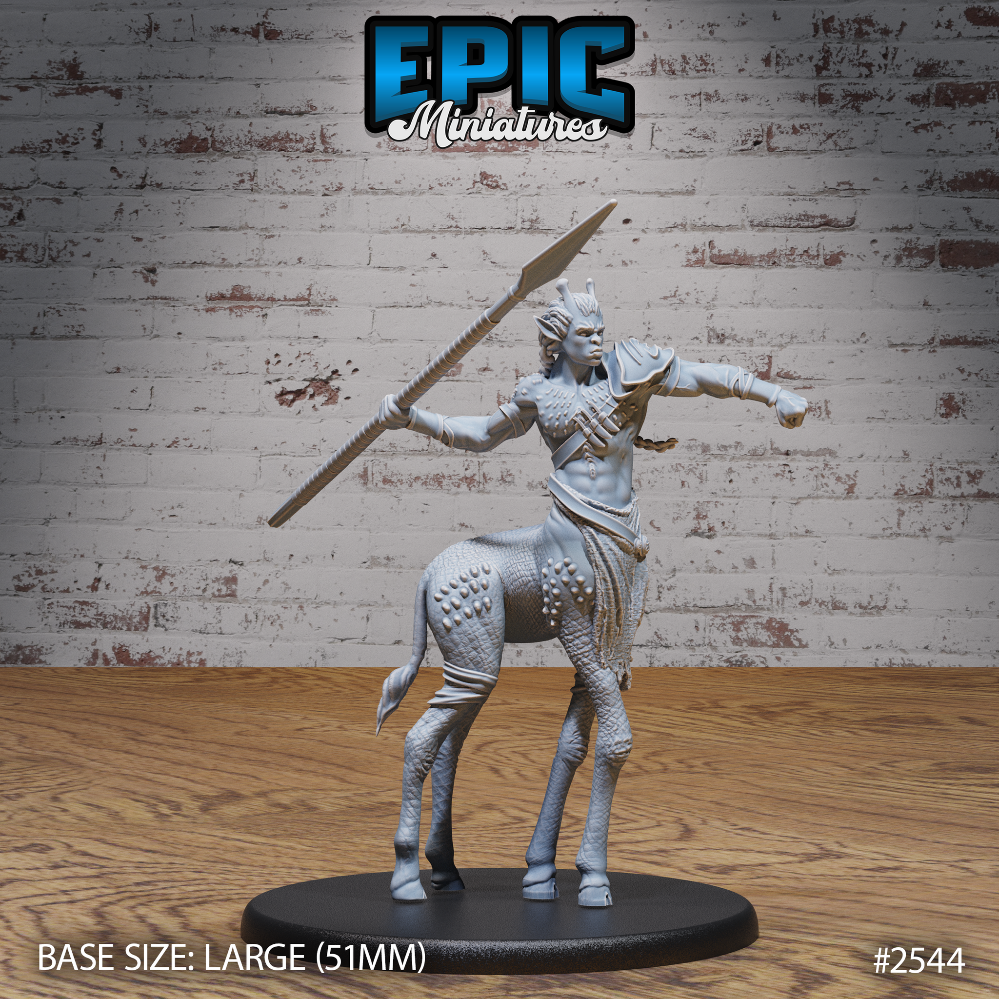 Giraffe centaur warrior leaning into a spear throw, one arm punching forward, the other gripping a long spear raised behind. Studded patterned hide on the equine body, shoulder armour and bandolier on the torso. Sculpt by Epic Miniatures.