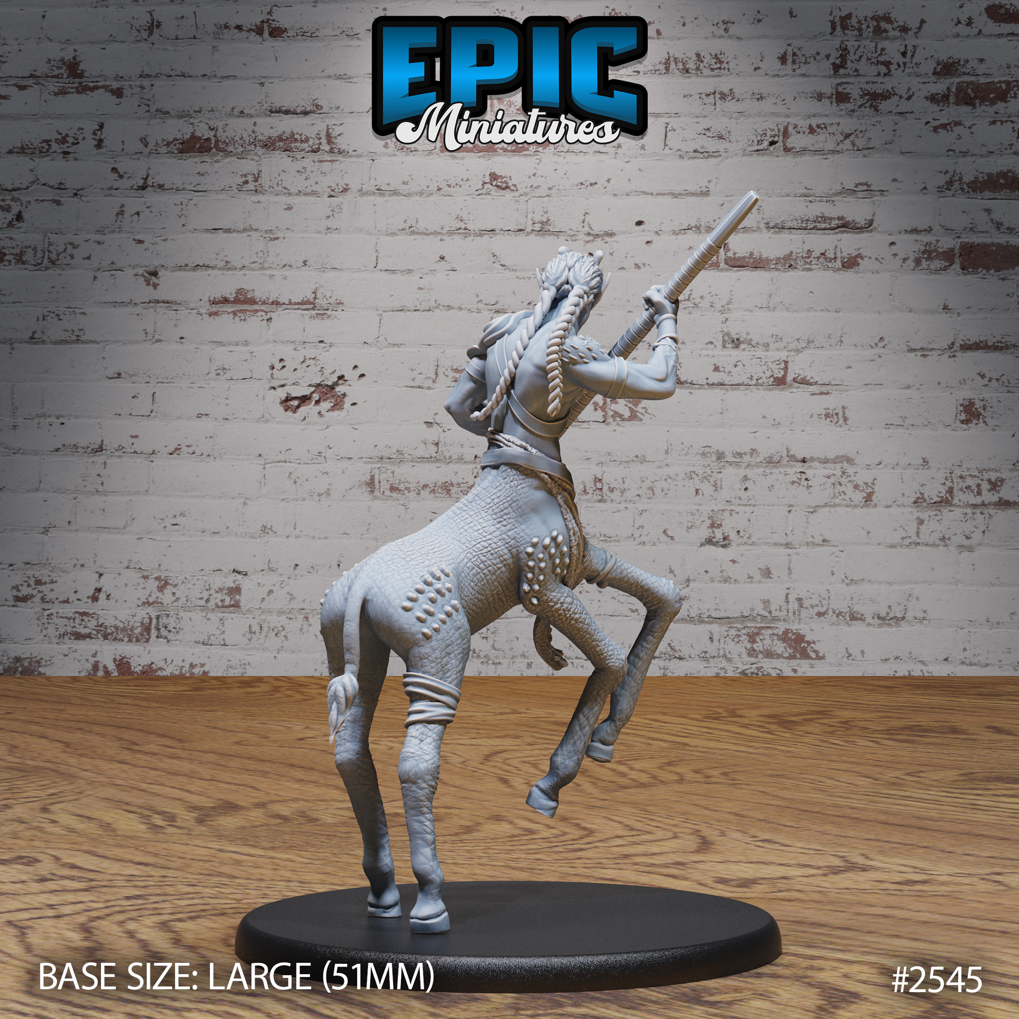 Giraffe centaur miniature seen from behind, showing long braided rope-like hair, studded scaled hindquarters, and both hands raised gripping a spear aloft. Sculpt by Epic Miniatures.