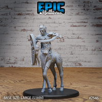 Giraffe centaur miniature wielding a curved sword in one hand and holding a ridged shield in the other, wearing studded leather armour across the torso, giraffe-textured lower body with ossicone head protrusions, on a large oval base. Sculpt by Epic Miniatures.