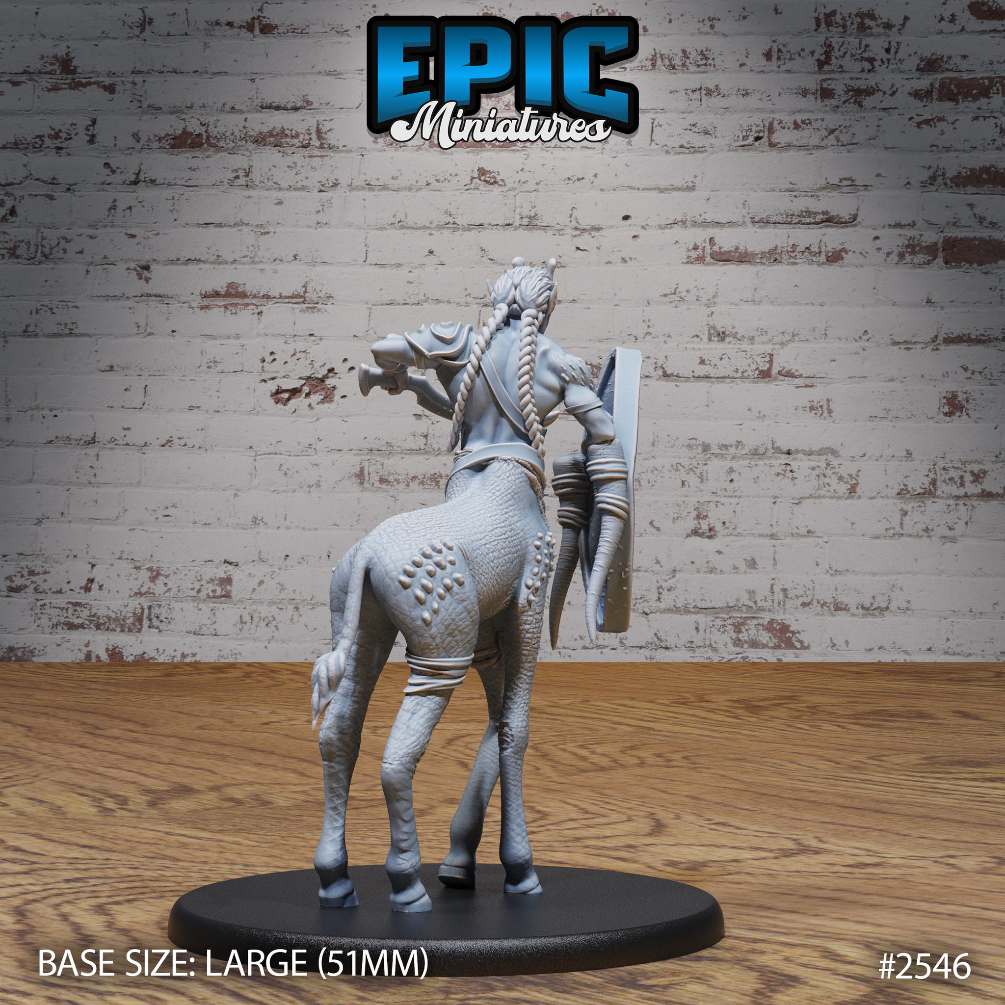 Rear view of the giraffe centaur miniature showing a long rope braid down the back, scaled giraffe hide with raised spotted markings across the hindquarters, cord-wrapped legs, and the shield visible at the side. Sculpt by Epic Miniatures.