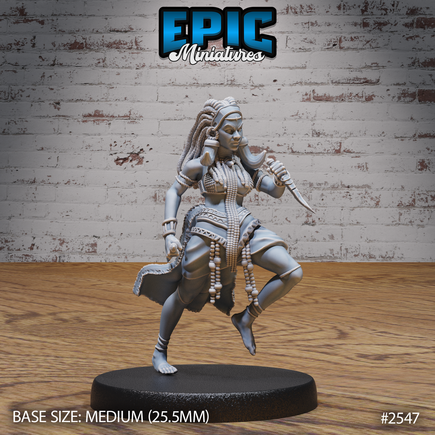 Female tribal warrior mid-stride with one knee raised, gripping a dagger at her side, wearing layered bead necklaces, beaded hip adornments, and a decorated wrap belt, long braided locs cascading over one shoulder. Sculpt by Epic Miniatures.