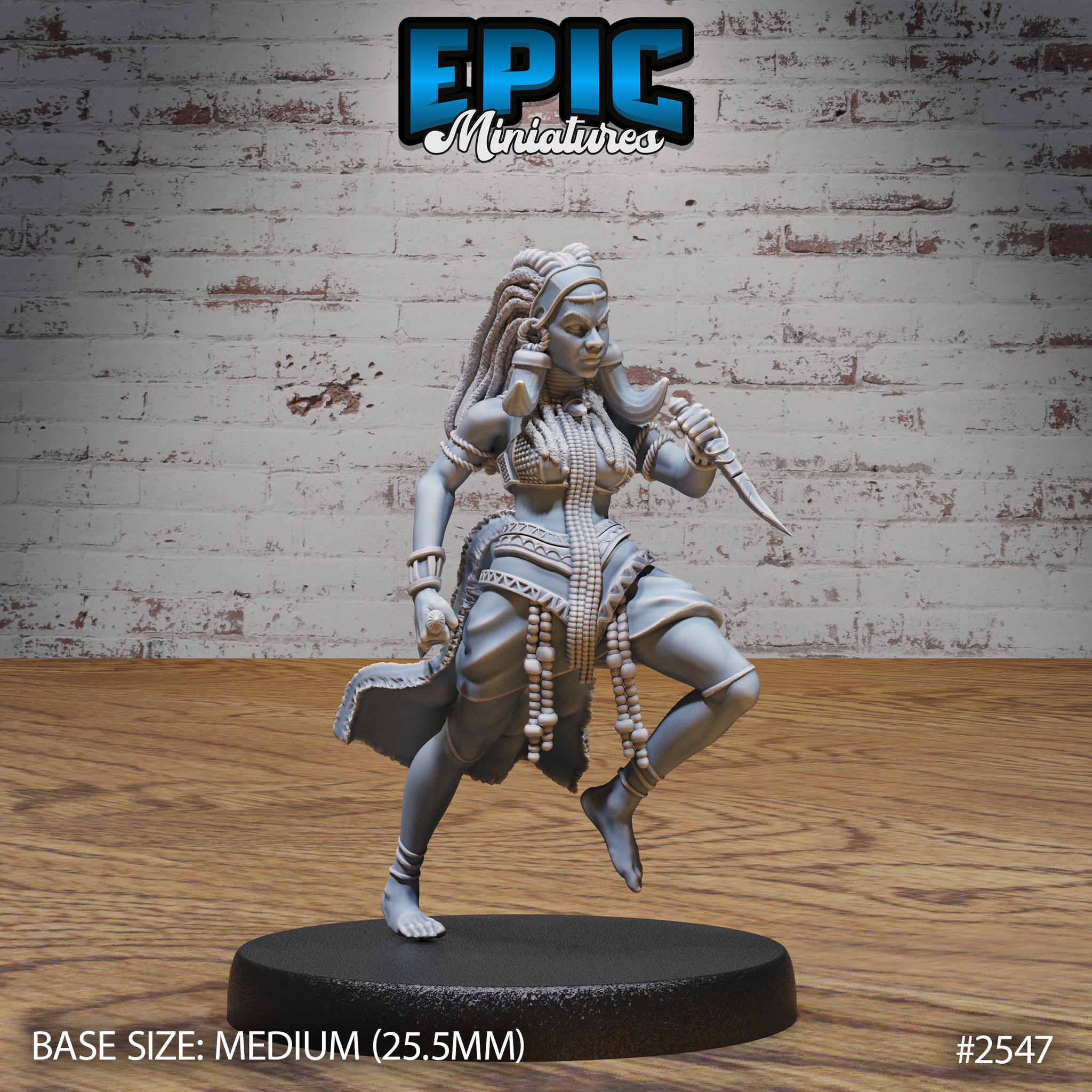 Female tribal warrior mid-stride with one knee raised, gripping a dagger at her side, wearing layered bead necklaces, beaded hip adornments, and a decorated wrap belt, long braided locs cascading over one shoulder. Sculpt by Epic Miniatures.