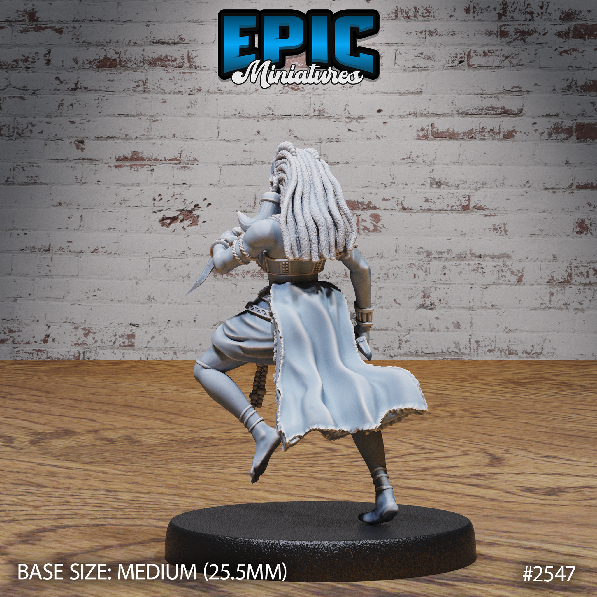 Female tribal warrior seen from behind, voluminous braided locs falling across her back, a billowing sash at her waist, dagger visible at her side, one foot raised in a dynamic walking pose. Sculpt by Epic Miniatures.