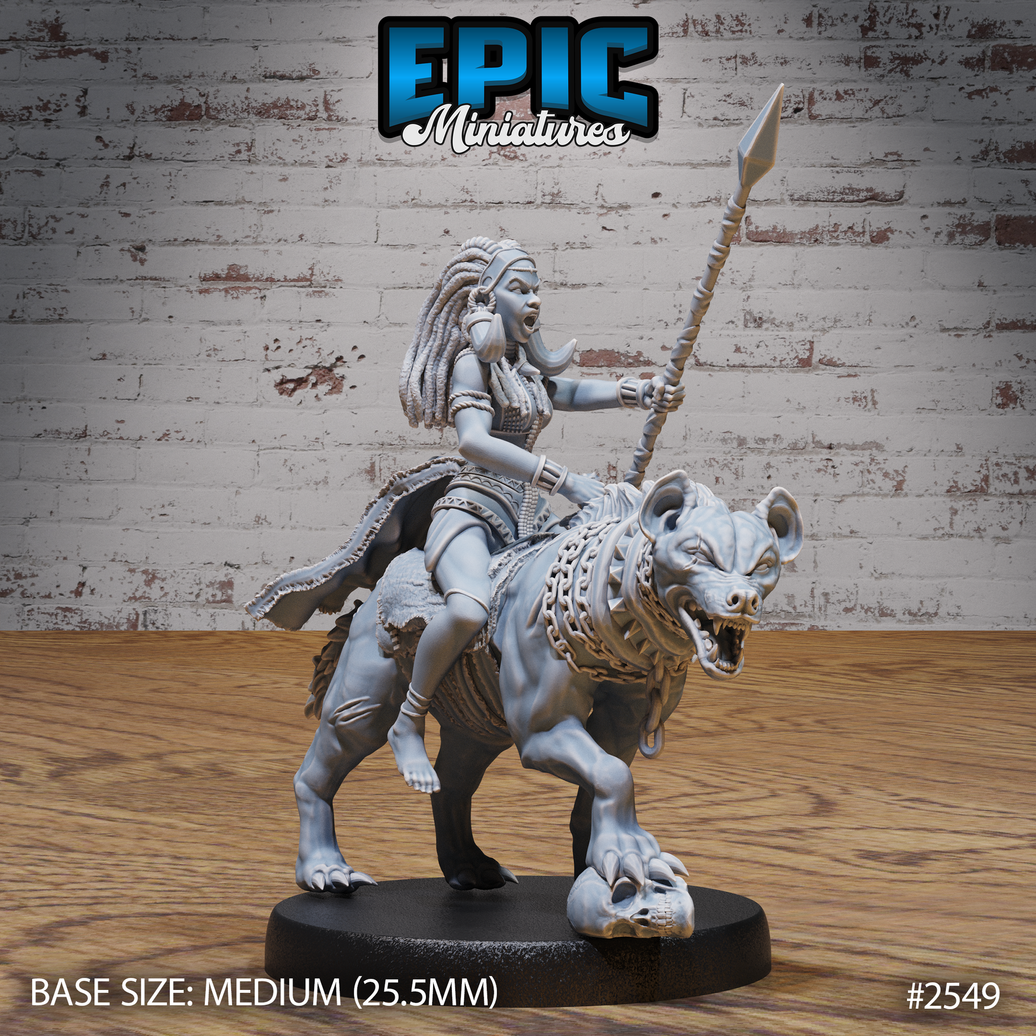 Tribal warrior woman with long dreadlocks, mouth open in a war cry, levelling a long spear while riding a snarling chained hyena. Sculpt by Epic Miniatures.