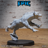 Ferocious hyena sculpt leaping forward, body twisted mid-pounce, jaws wide open with fangs bared, raised hackles along the spine, all four clawed paws splayed. Mounted on a rocky scenic base. By Epic Miniatures.