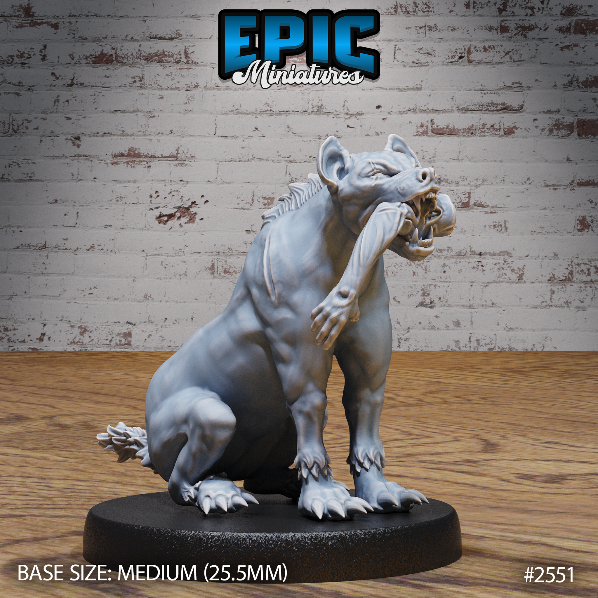 Savage hyena miniature crouched forward, jaws open wide and clamped around a severed arm, with ridged spine, muscular haunches, and clawed feet. Sculpt by Epic Miniatures.