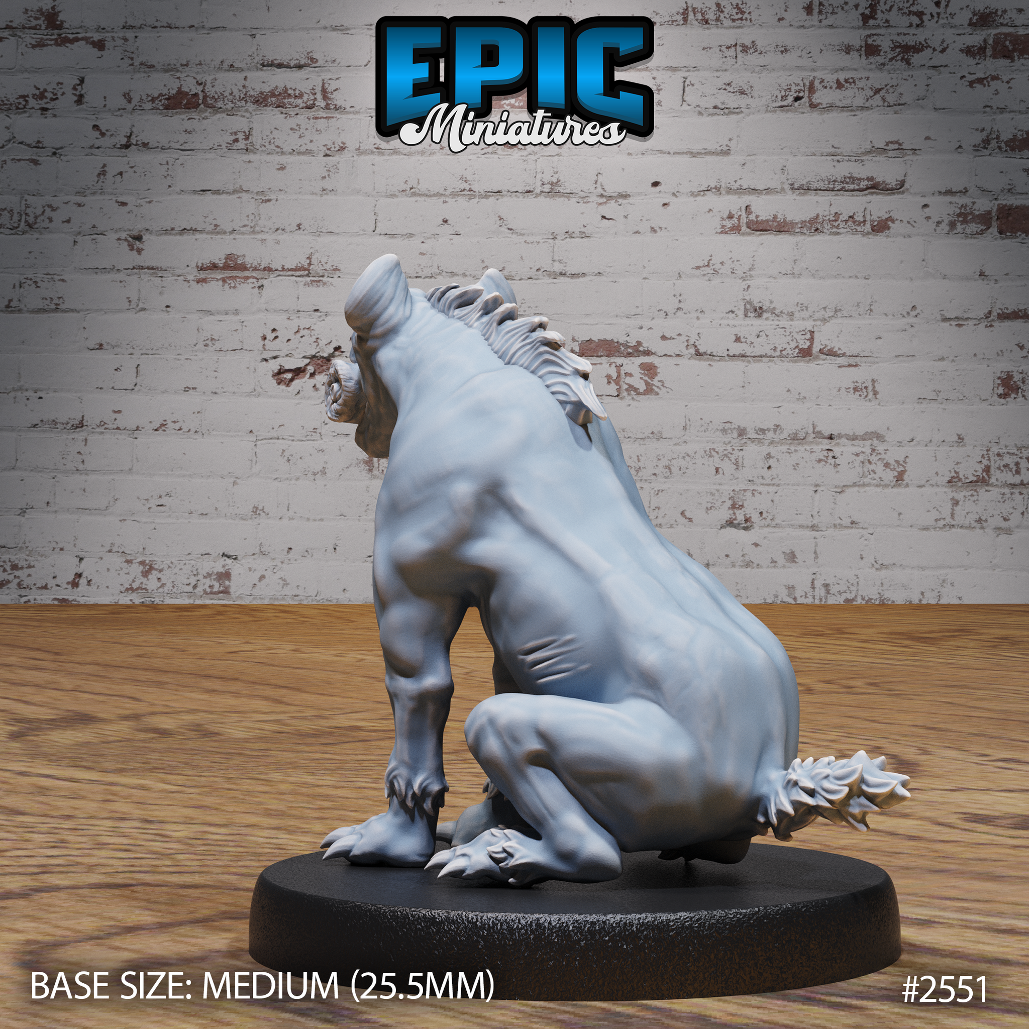 Hyena miniature viewed from behind, showing pronounced bony spine ridges running from neck to rump, sloping hindquarters, tufted tail tip, and splayed clawed rear feet. Sculpt by Epic Miniatures.