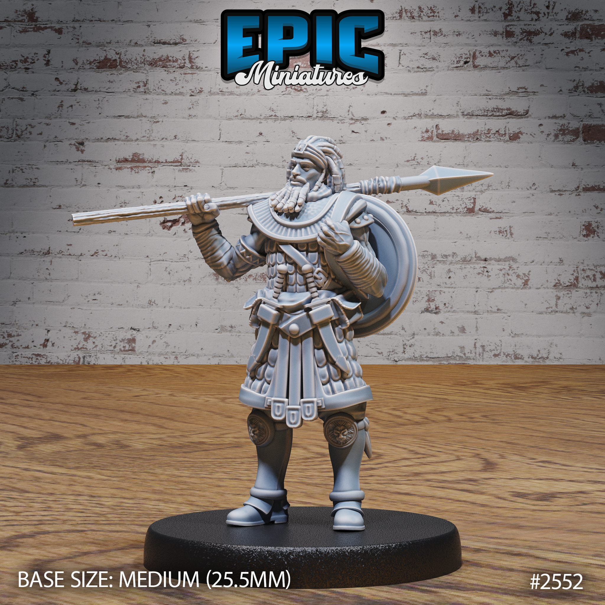 Bearded male warrior standing upright with a long spear rested across one shoulder, wearing layered scale armour, a decorative collar, pteryges at the waist, and lion-embossed greaves. Sculpt by Epic Miniatures.