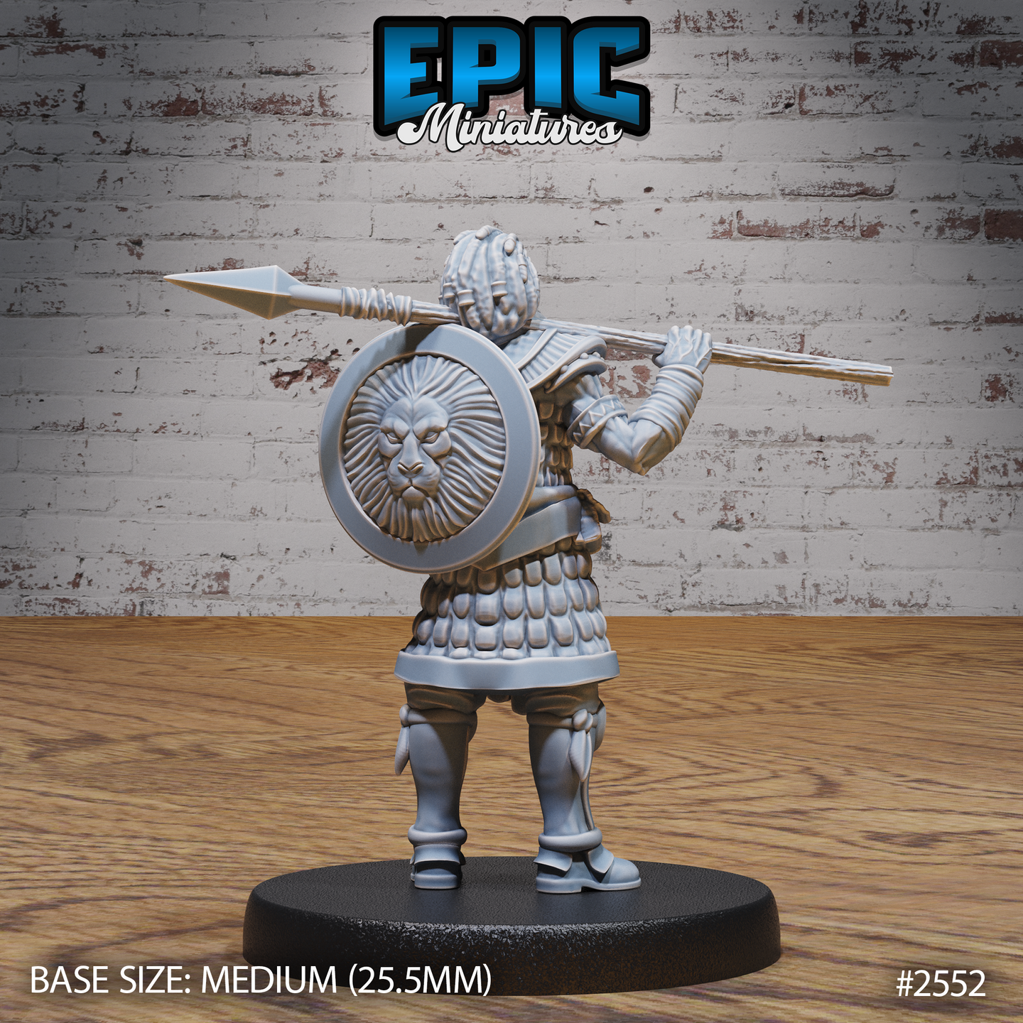 Rear view of a male warrior in layered scale armour carrying a round shield with a detailed lion's-head boss embossed at its centre, spear rested across the shoulder, braided hair visible. Sculpt by Epic Miniatures.