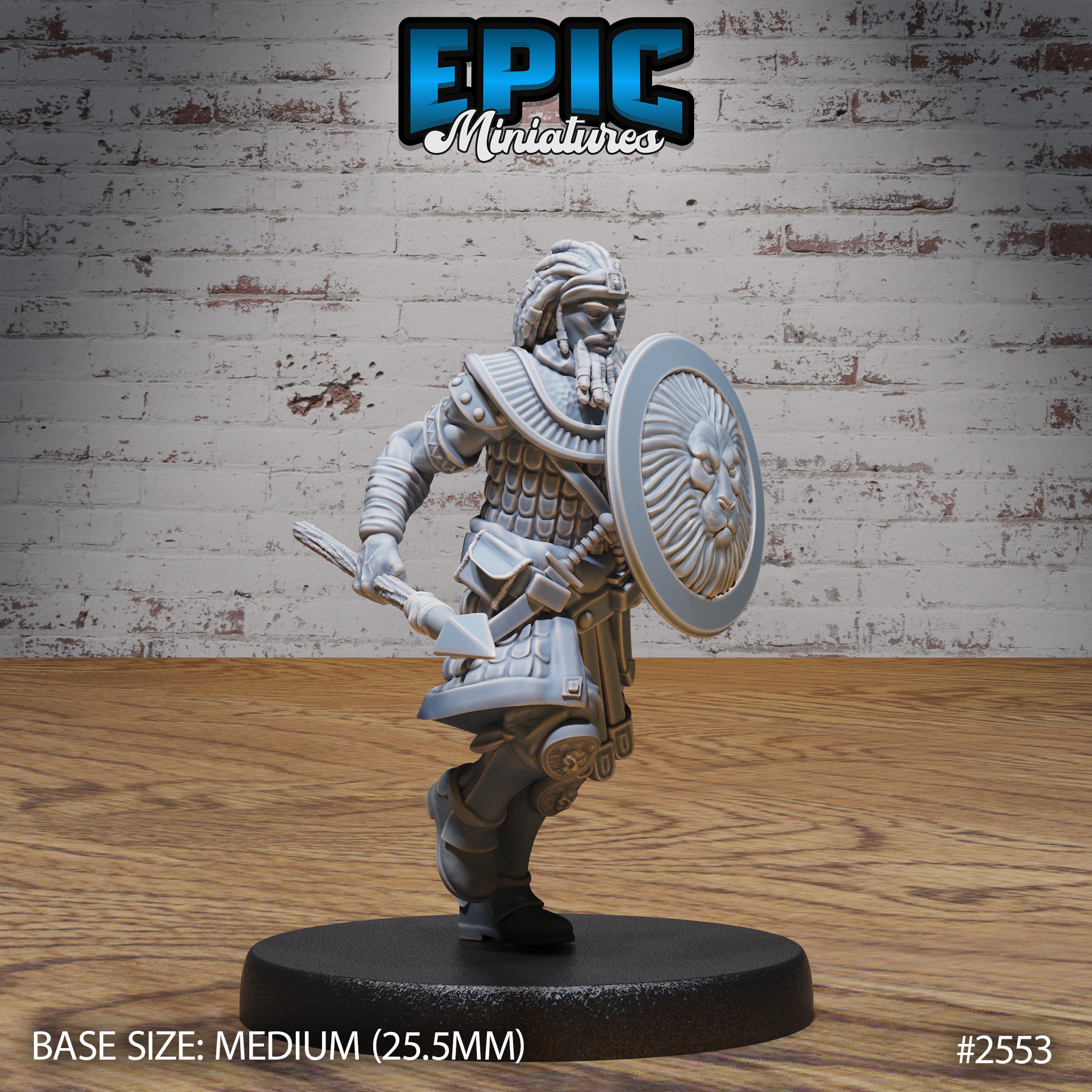 Bearded warrior in layered scale armour mid-stride, carrying a round lion-relief shield on the left arm and a short blade lowered in the right hand, braided hair, by Epic Miniatures.