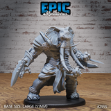 Elephant Folk Barbarian by Epic Miniatures — front view of a hulking tusked warrior in wide combat stance, holding a serrated blade in each hand with a spiked flail at the hip, wearing a scaled belt and single pauldron.