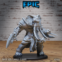 Elephant Folk Barbarian by Epic Miniatures — front view of a hulking tusked warrior in wide combat stance, holding a serrated blade in each hand with a spiked flail at the hip, wearing a scaled belt and single pauldron.