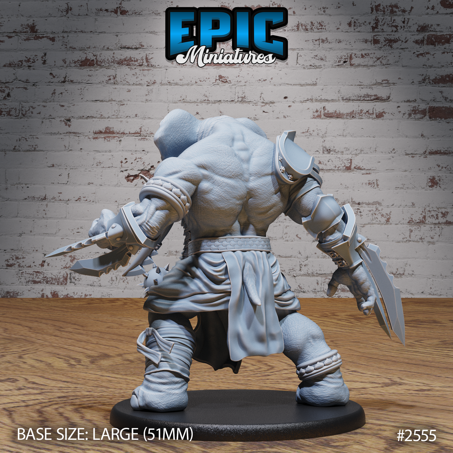 Elephant Folk Barbarian by Epic Miniatures — rear of the same large tusked warrior, showing heavily textured hide across the back and shoulders, banded leg wrappings, a loincloth kilt, and serrated blades held low in both hands.