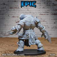 Elephant Folk Barbarian by Epic Miniatures — rear of the same large tusked warrior, showing heavily textured hide across the back and shoulders, banded leg wrappings, a loincloth kilt, and serrated blades held low in both hands.