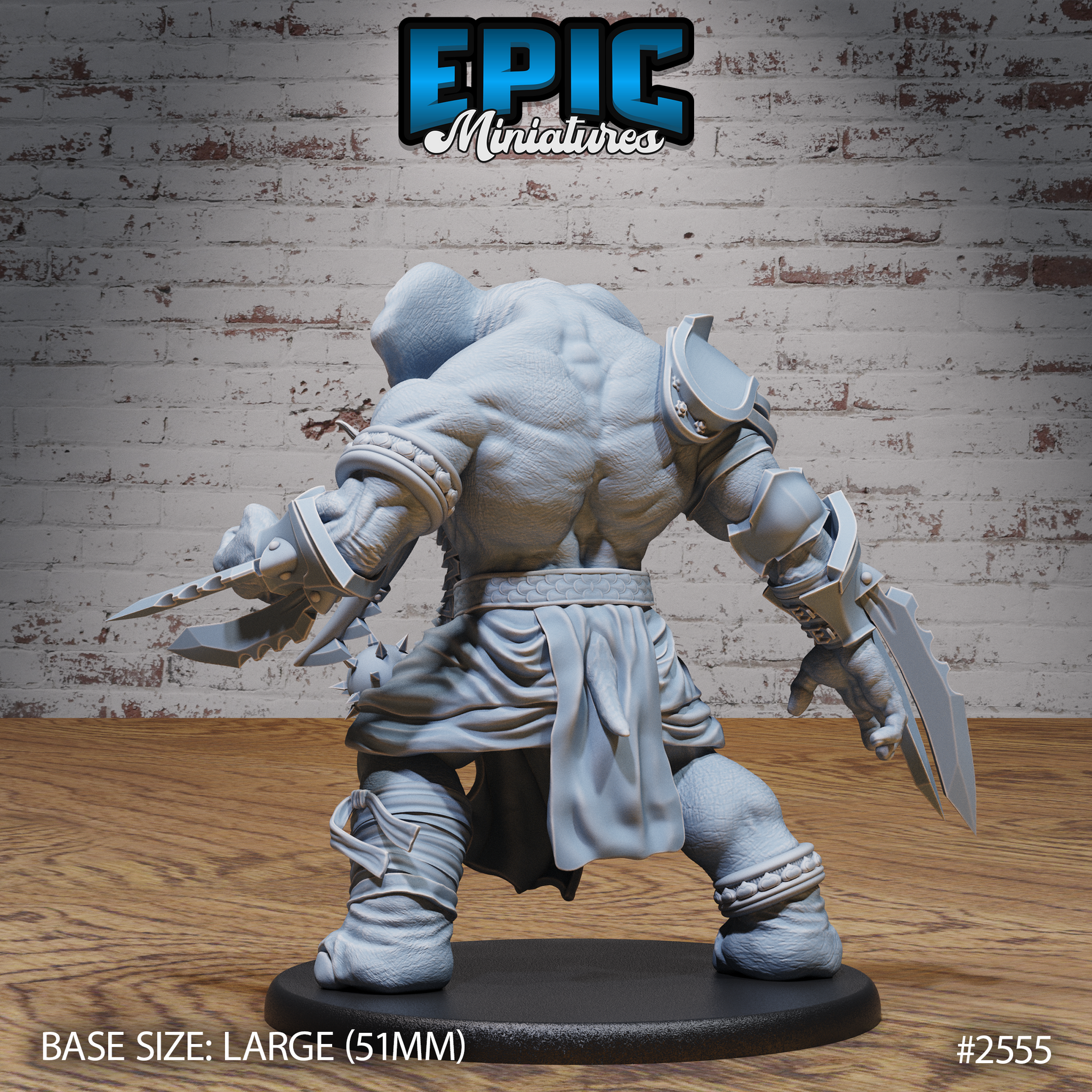 Elephant Folk Barbarian by Epic Miniatures — rear of the same large tusked warrior, showing heavily textured hide across the back and shoulders, banded leg wrappings, a loincloth kilt, and serrated blades held low in both hands.