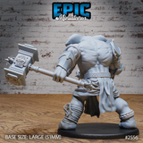 Elephant-headed barbarian seen from behind, muscles defined beneath wrinkled hide, warhammer drawn back in a wide powerful swing, wearing scaled belt and flowing battle kilt. Sculpt by Epic Miniatures.