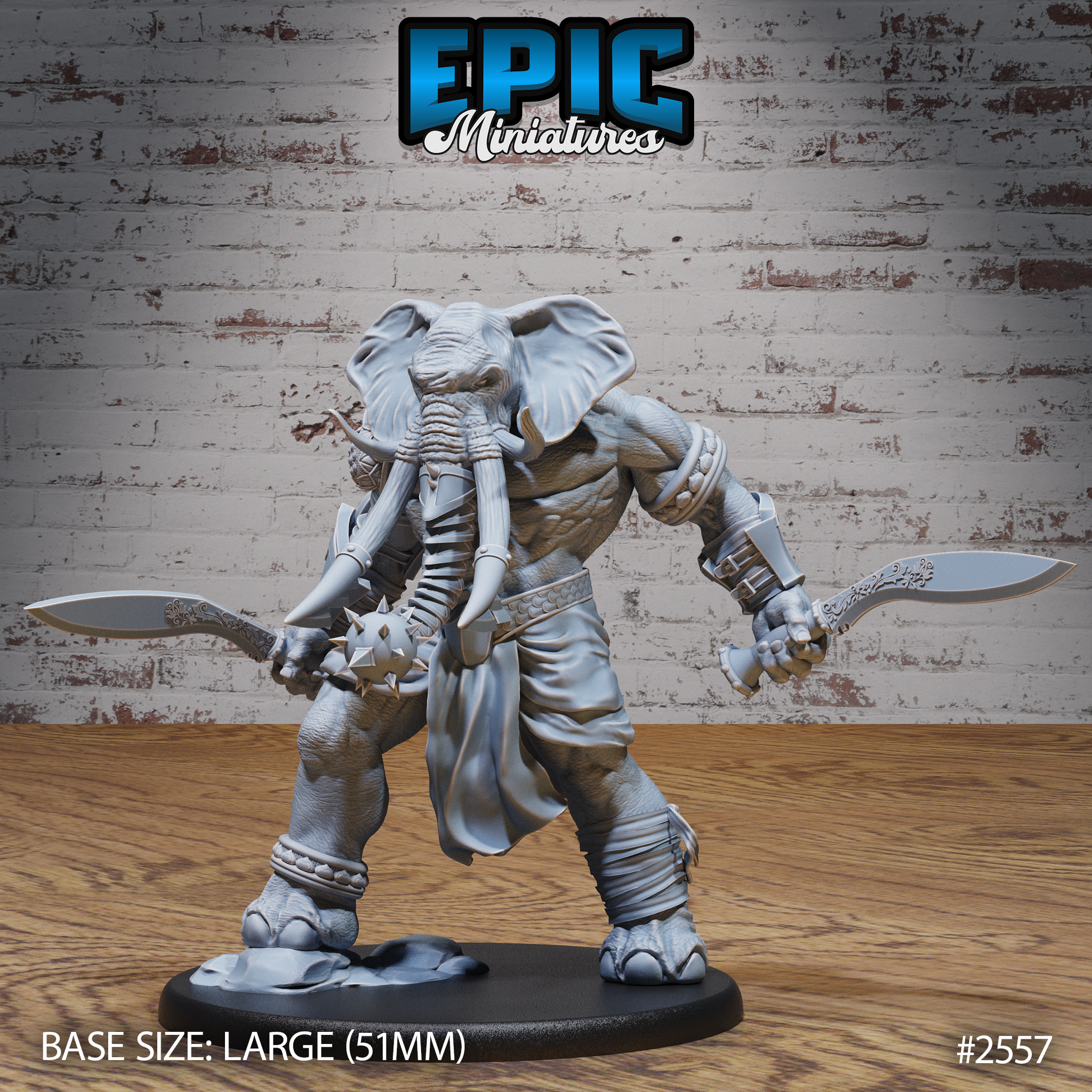 Muscular elephant-headed humanoid barbarian gripping a curved blade in each hand, with a spiked knuckleduster, wrapped bracers, scale belt, and flowing loincloth, on a large decorative oval base. Sculpt by Epic Miniatures.