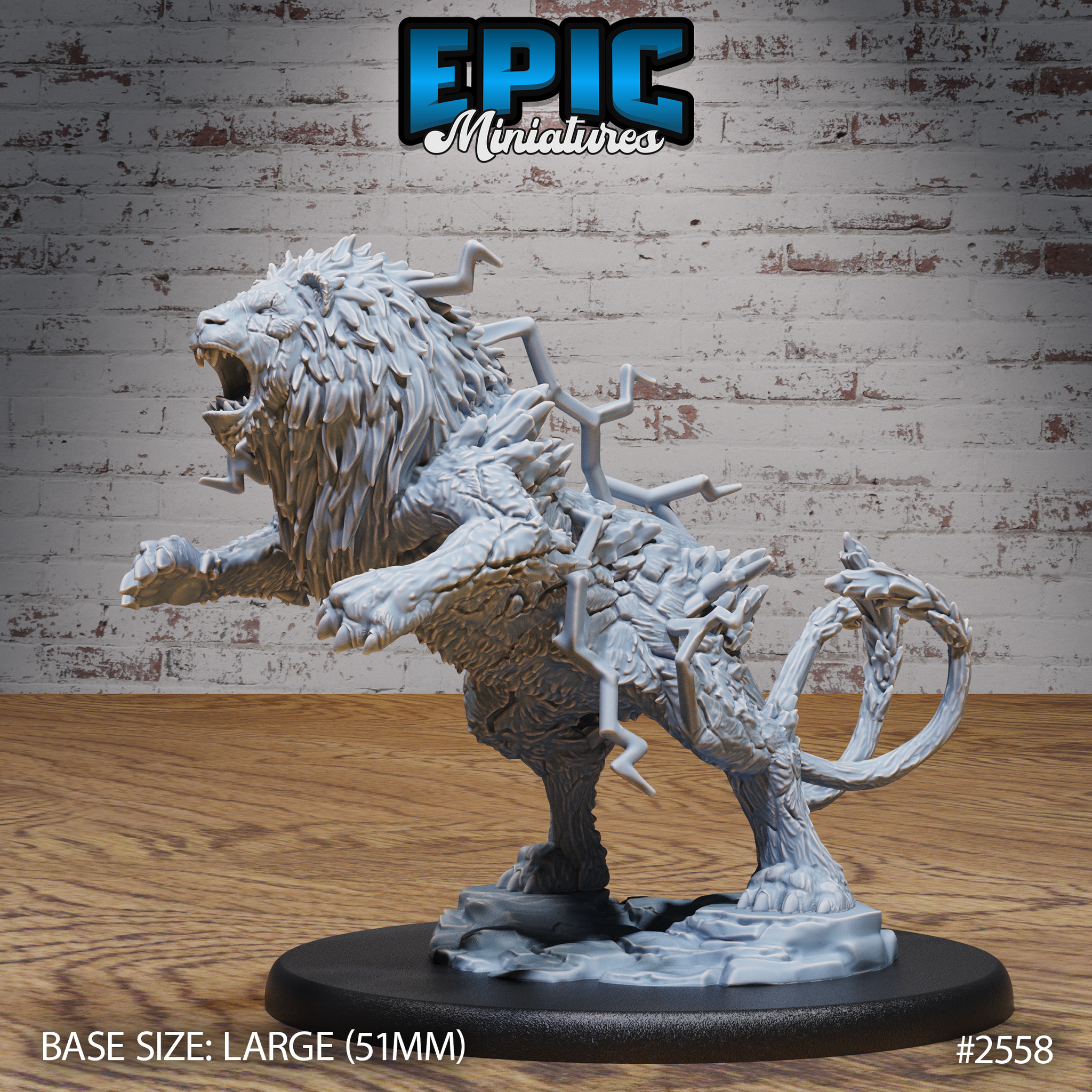 Thunder Lion by Epic Miniatures — a large rearing lion with a feather-scaled mane, jaws open in a roar, lightning bolts erupting from its back, barbed tail, on a cracked scenic base.
