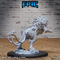 Thunder Lion by Epic Miniatures — rear view of the rearing lion showing armoured scale-covered flanks, branching lightning protrusions across the spine, and coiling barbed tail with split tendrils.