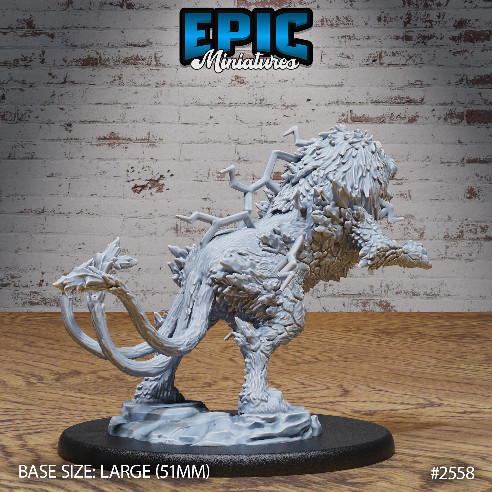Thunder Lion by Epic Miniatures — rear view of the rearing lion showing armoured scale-covered flanks, branching lightning protrusions across the spine, and coiling barbed tail with split tendrils.